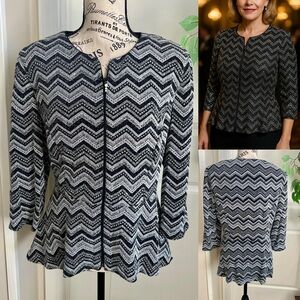 Alex Evenings Shimmer & Stone Embellished Chevron Peplum Jacket Silver Sz L
